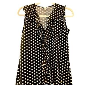 CALVIN KLEIN top, SP, black with white polka dots.  Ruffled neckline and front.